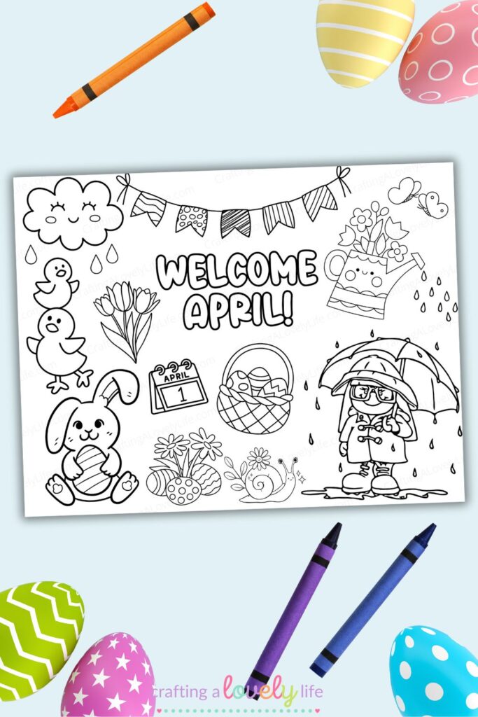 April coloring page with Easter drawings and crayons