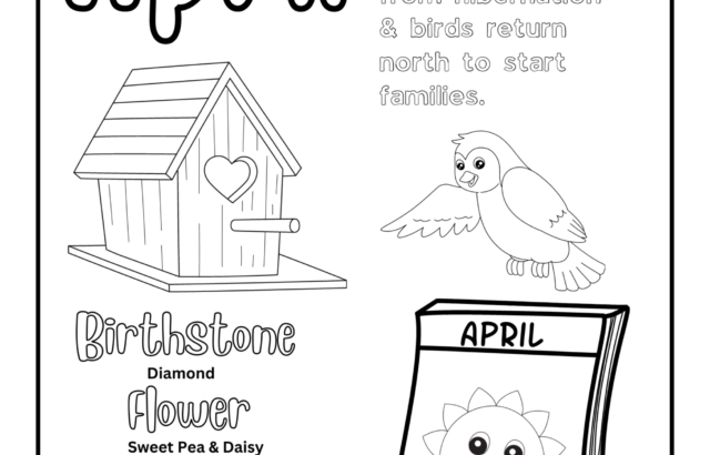 April-themed coloring page with birdhouse, bird, and calendar page