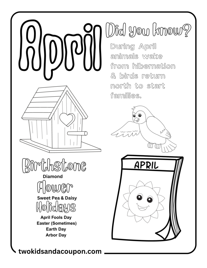April-themed coloring page with birdhouse, bird, and calendar page