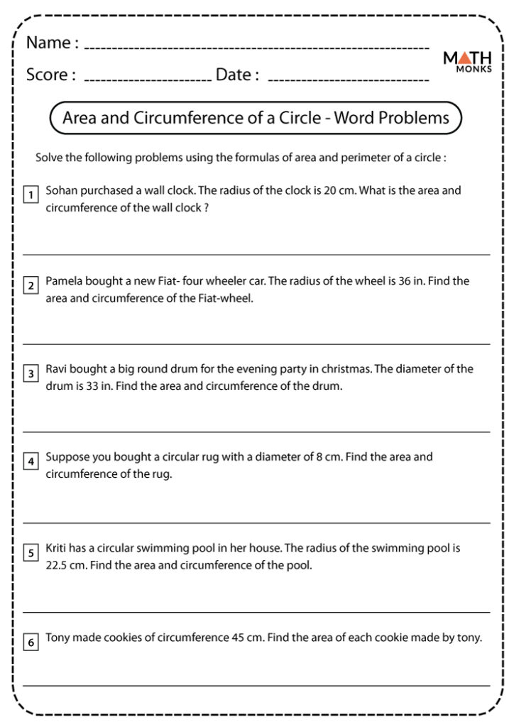 Circular area and circumference math worksheet page