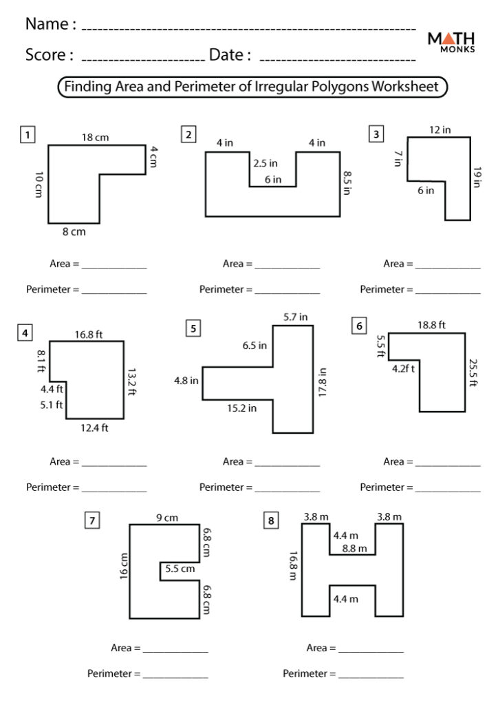 Geometry worksheet with eight irregular polygon diagrams