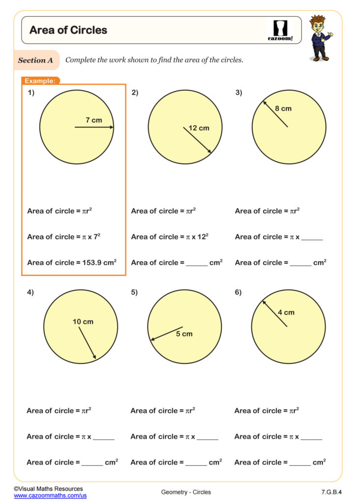 Area of circles worksheet with six labeled diagrams