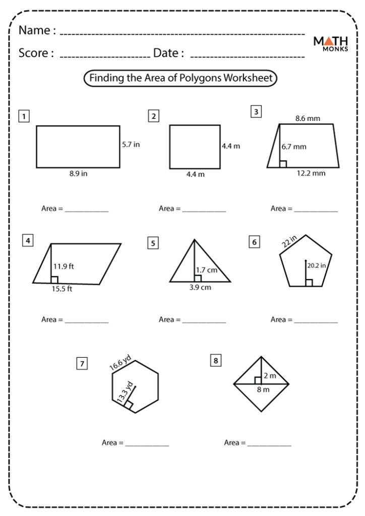 Geometry worksheet with eight polygon area problems