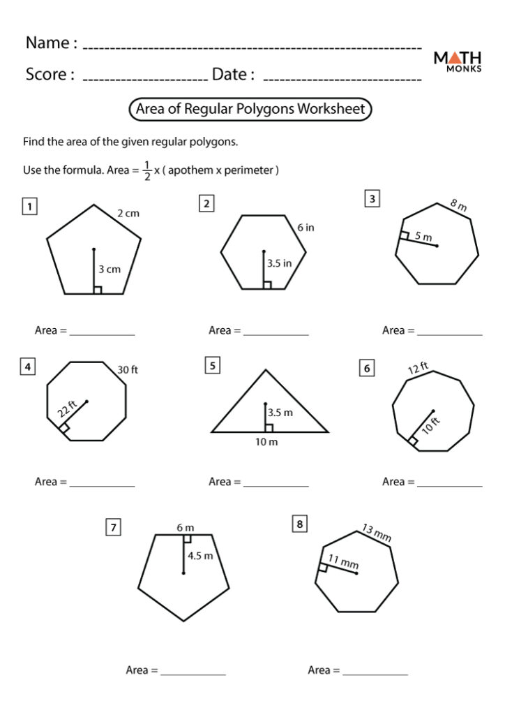 Area of regular polygons math worksheet with diagrams