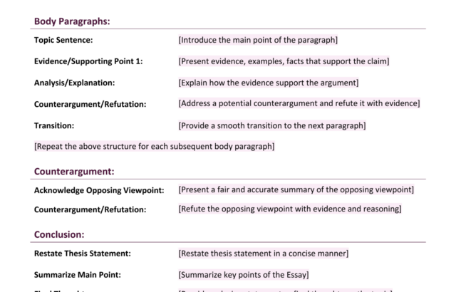 Argumentative essay outline template with section headings and prompts