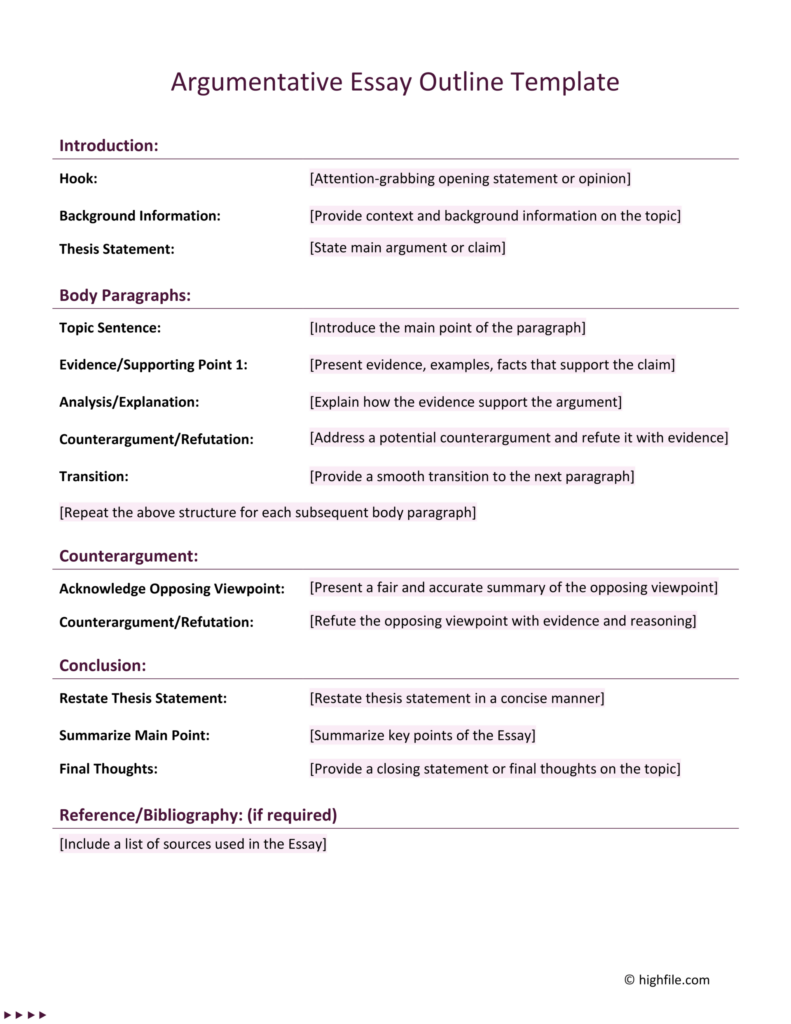 Argumentative essay outline template with section headings and prompts