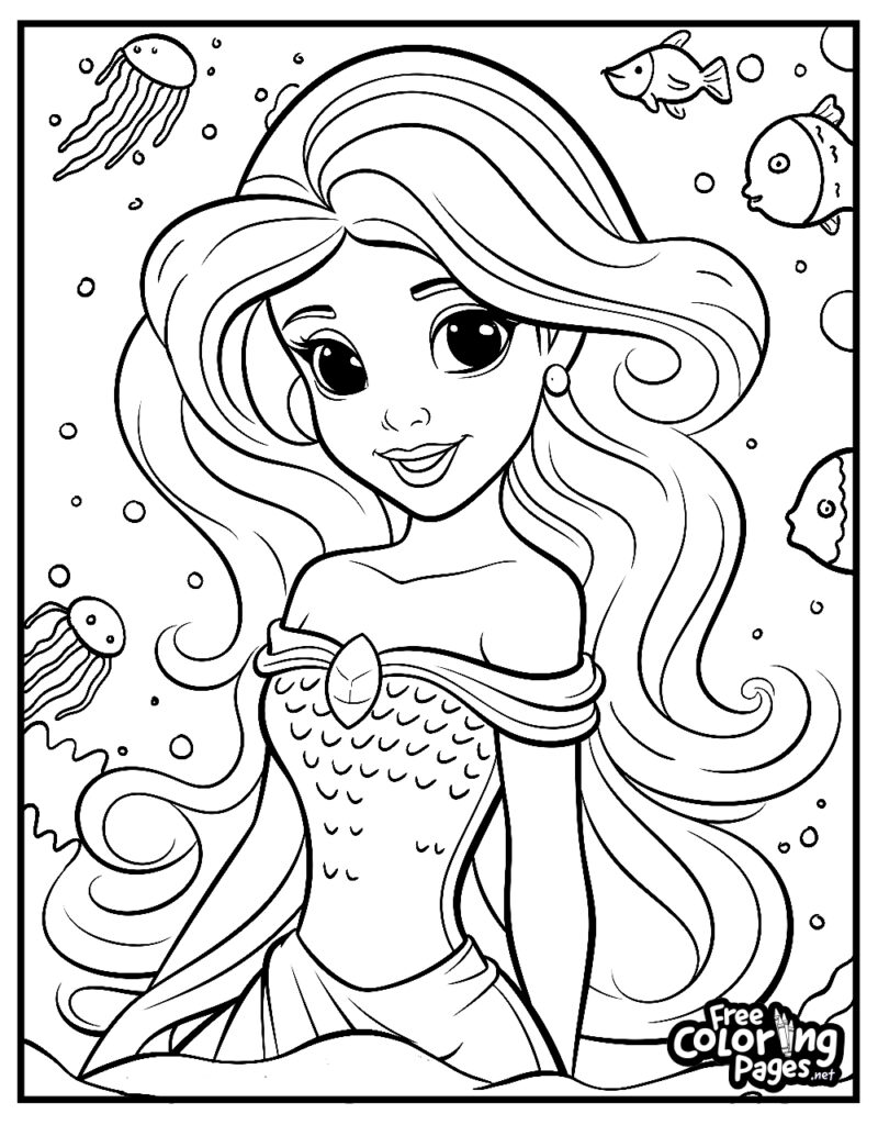 Cartoon mermaid with fish and jellyfish underwater