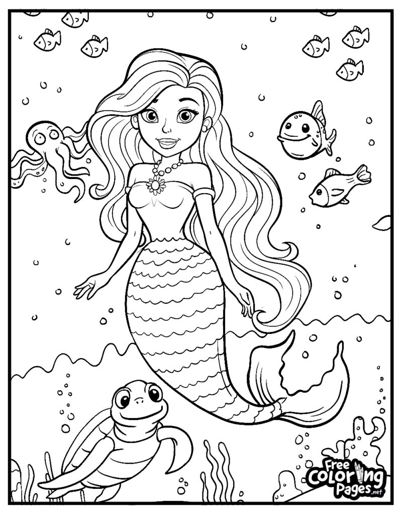 Black-and-white mermaid surrounded by fish and sea creatures