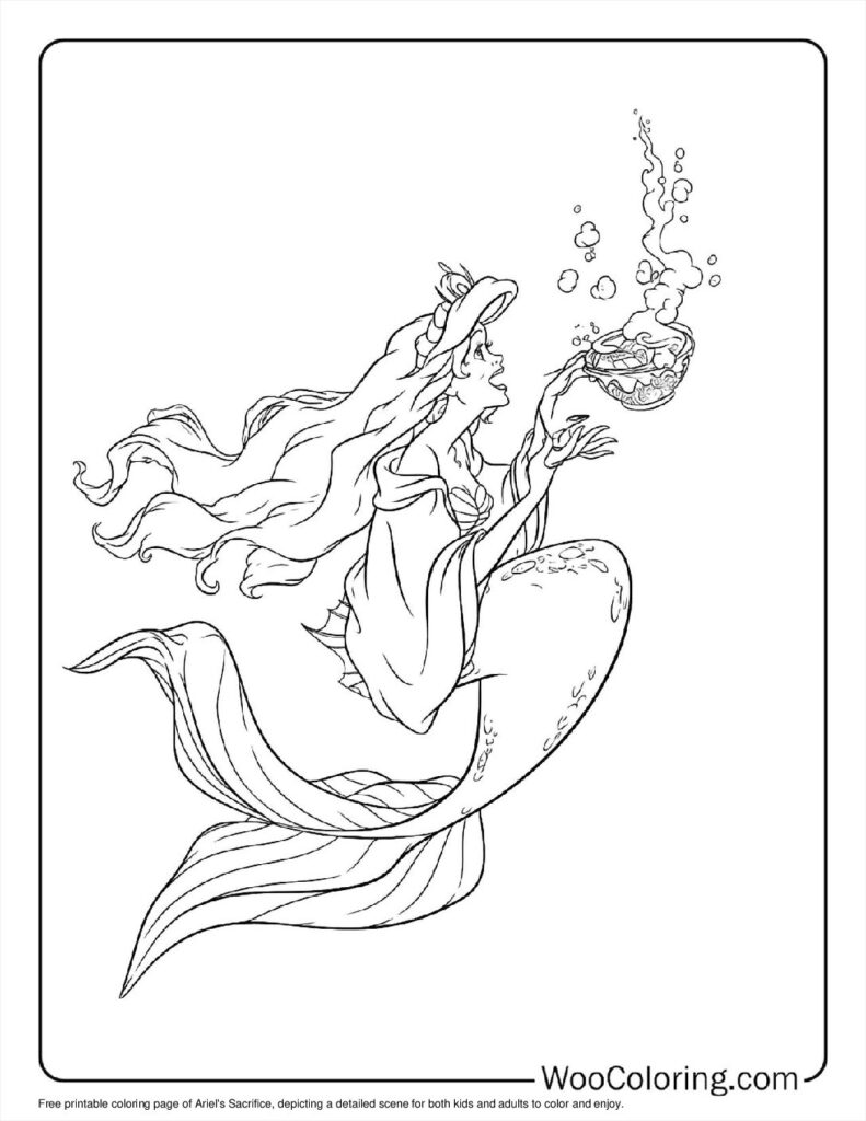 Black-and-white mermaid holding a steaming bowl underwater