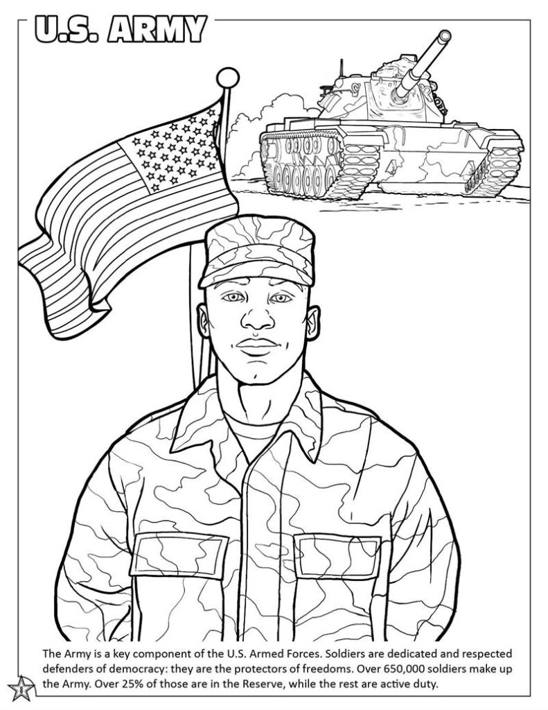 U.S. Army soldier, flag, and tank line drawing