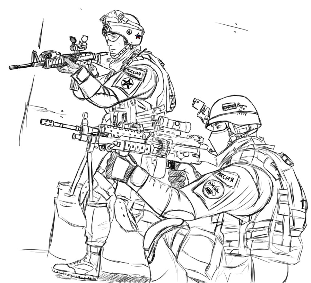 Two armed soldiers in tactical gear, black-and-white sketch