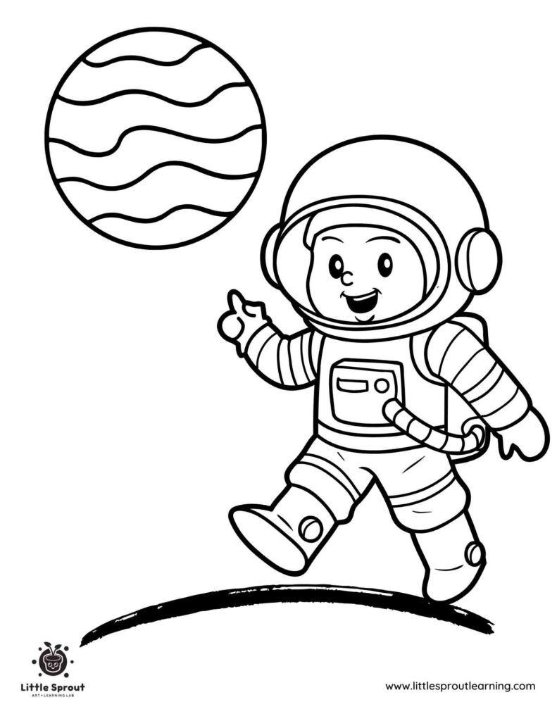 Cartoon astronaut pointing at a striped planet