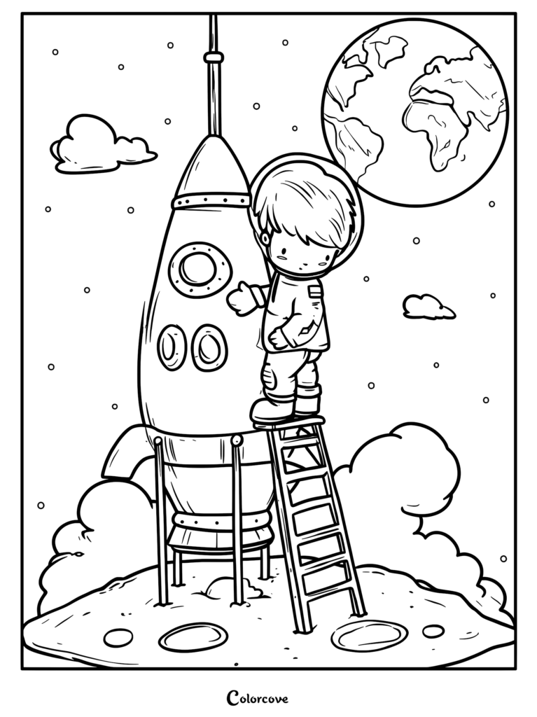 Cartoon astronaut beside rocket on moon with Earth
