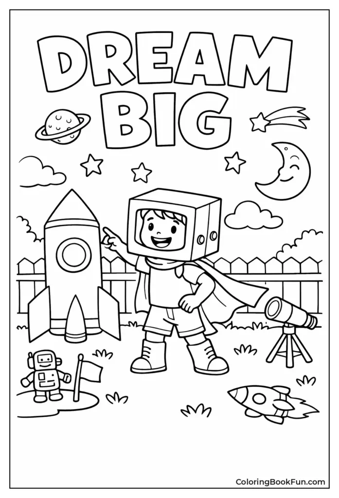 Dream Big space-themed coloring page with child astronaut