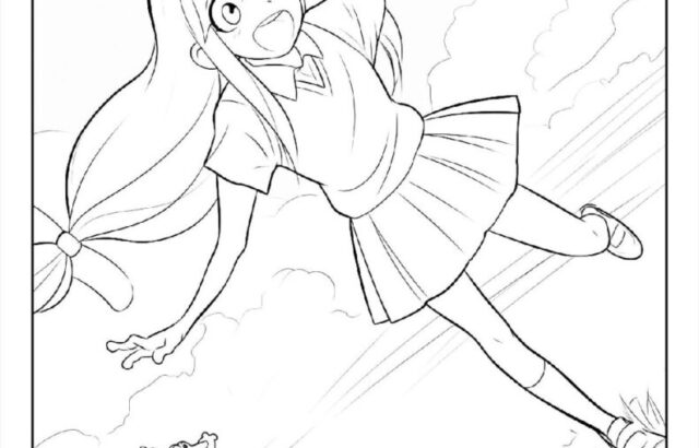 Anime girl jumping with frog in coloring page