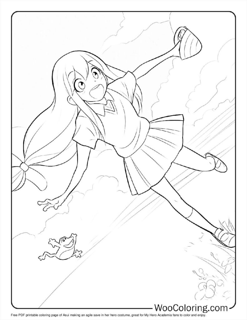 Anime girl jumping with frog in coloring page