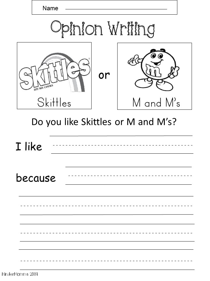 Opinion writing worksheet comparing Skittles and M and M’s