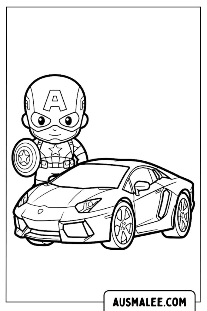 Captain America holding shield beside sports car coloring page
