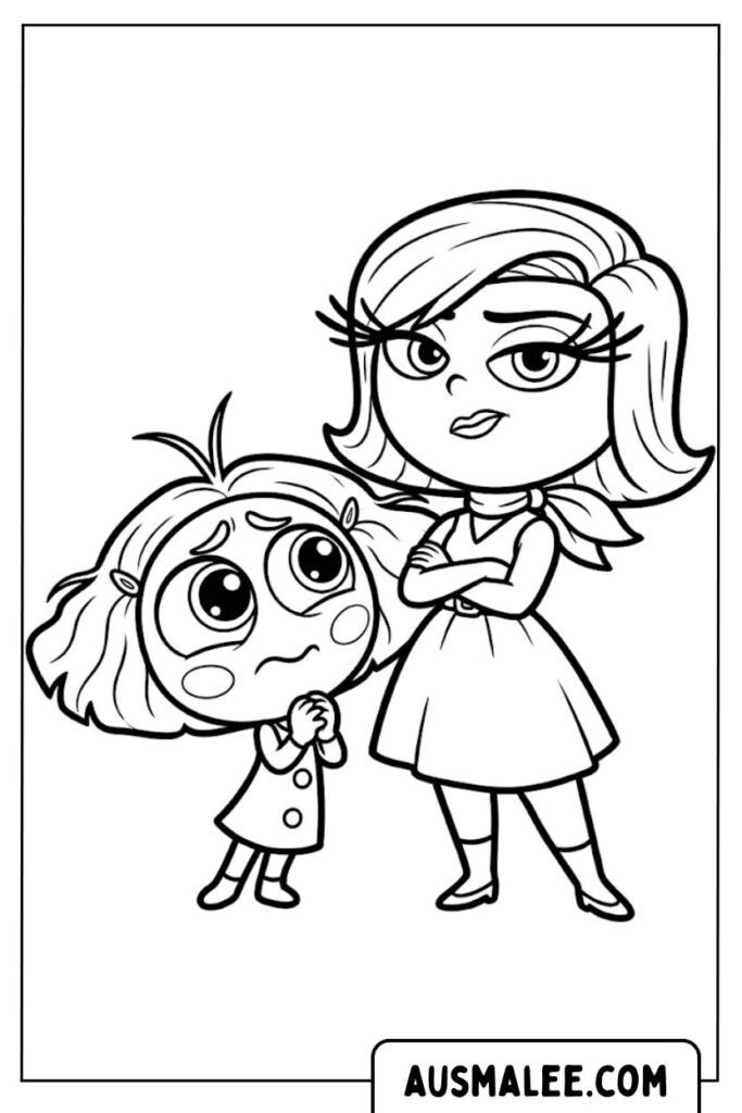 Black-and-white cartoon girl and child coloring page