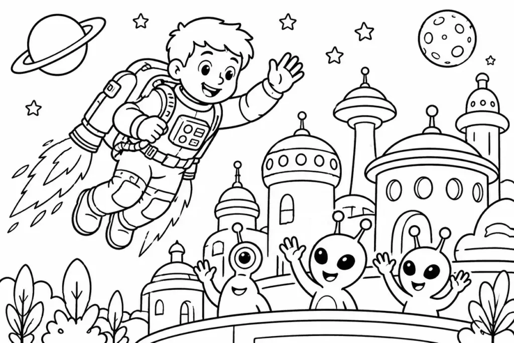 Cartoon astronaut waving above smiling alien city with stars