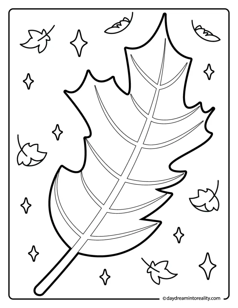 Black-and-white leaf coloring page with small leaves