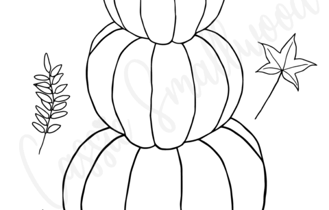 Three stacked pumpkins with surrounding autumn leaves line art