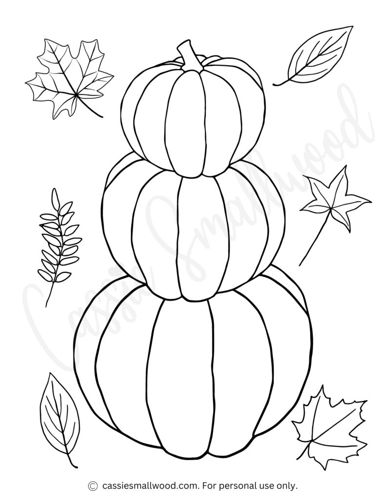 Three stacked pumpkins with surrounding autumn leaves line art
