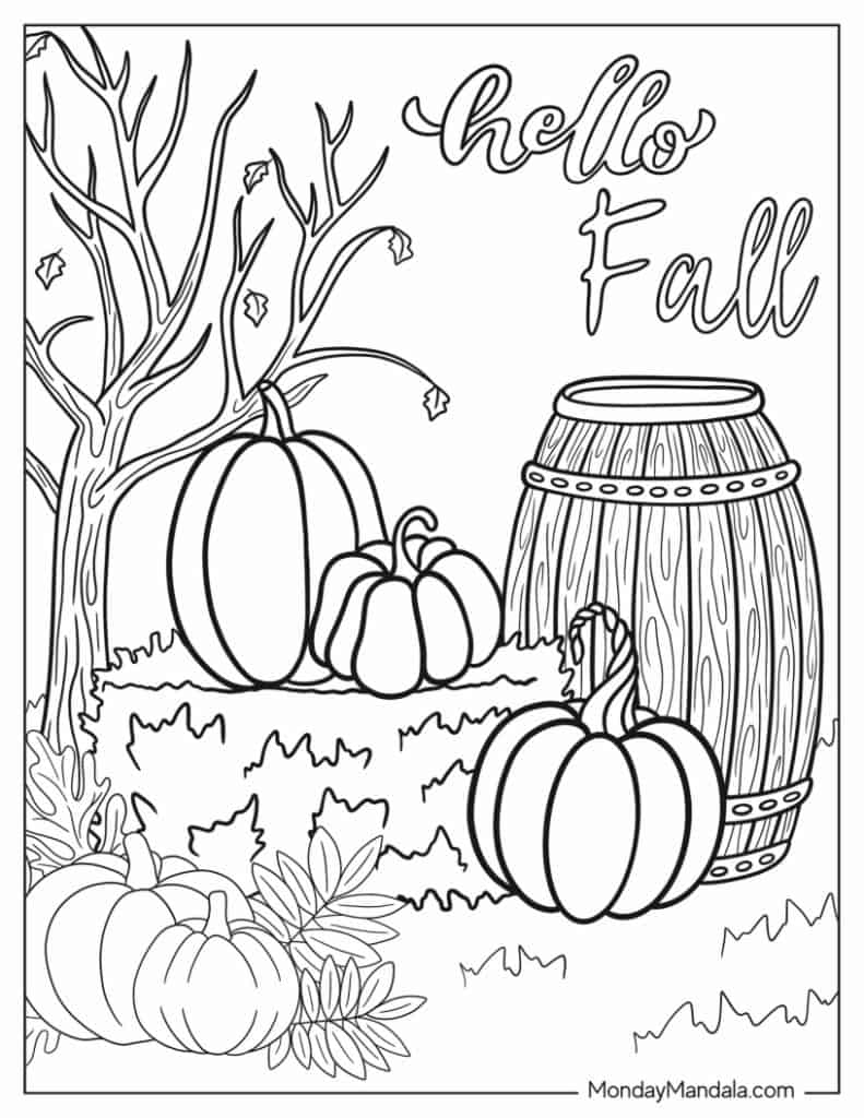Fall coloring page with pumpkins, tree, and barrel