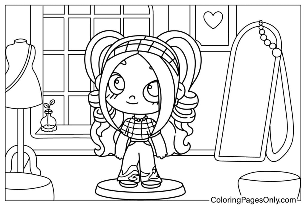 Cartoon girl in dressing room with mirror and mannequin