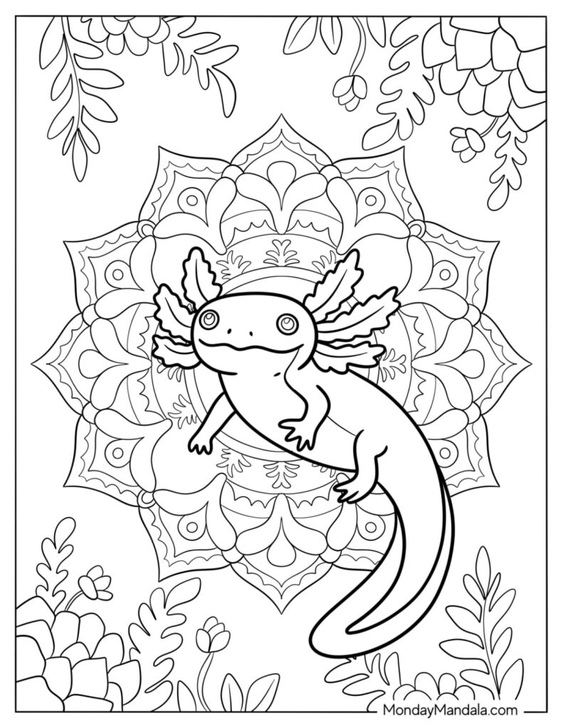 Axolotl coloring page with mandala background and leaves