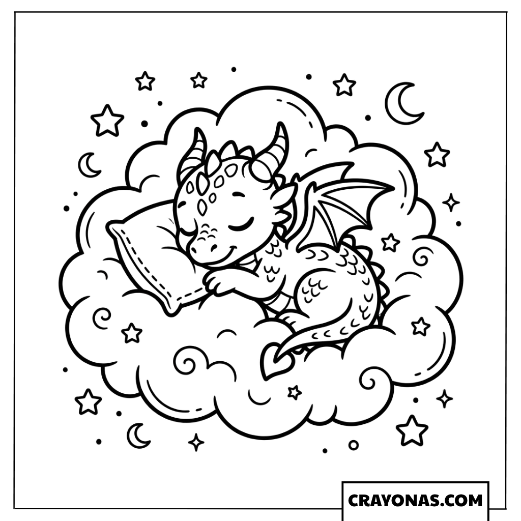 Sleeping baby dragon on cloud with stars and moons