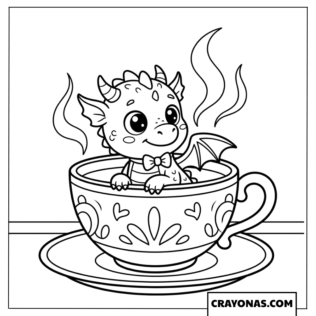 Cartoon dragon sitting in a teacup on saucer