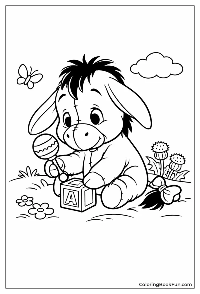 Cartoon donkey with block, butterfly, flowers, and cloud