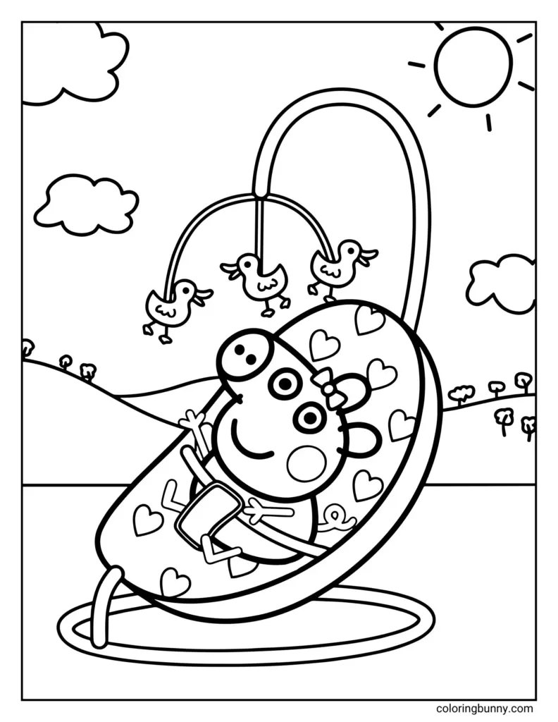 Cartoon duck in hanging heart swing, clouds and sun, coloring page