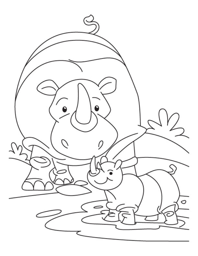 Cartoon rhinoceros and baby rhinoceros standing outdoors