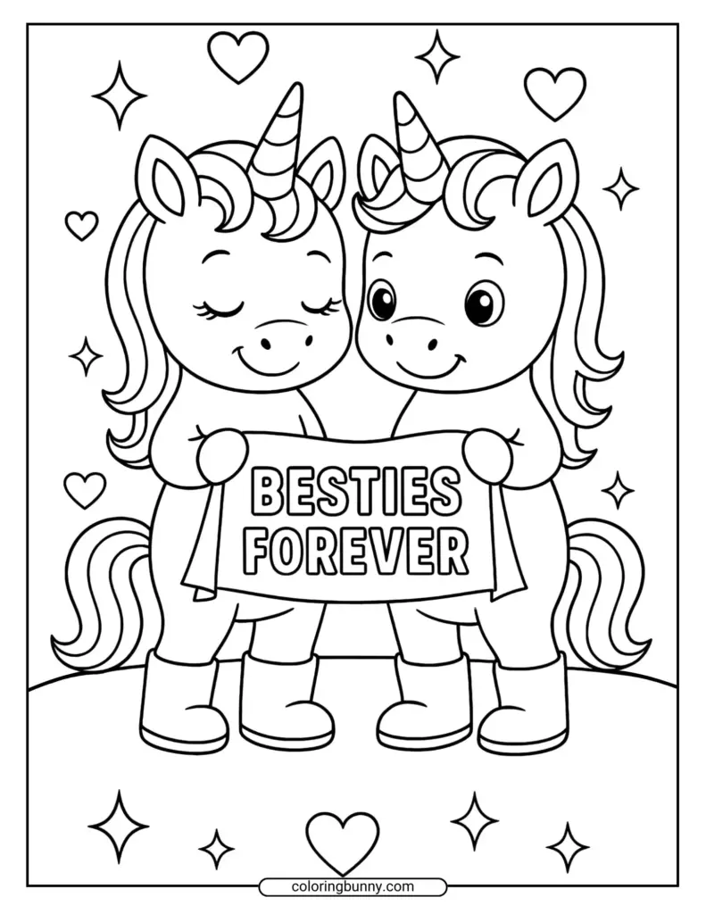 Two unicorns holding a Besties Forever sign