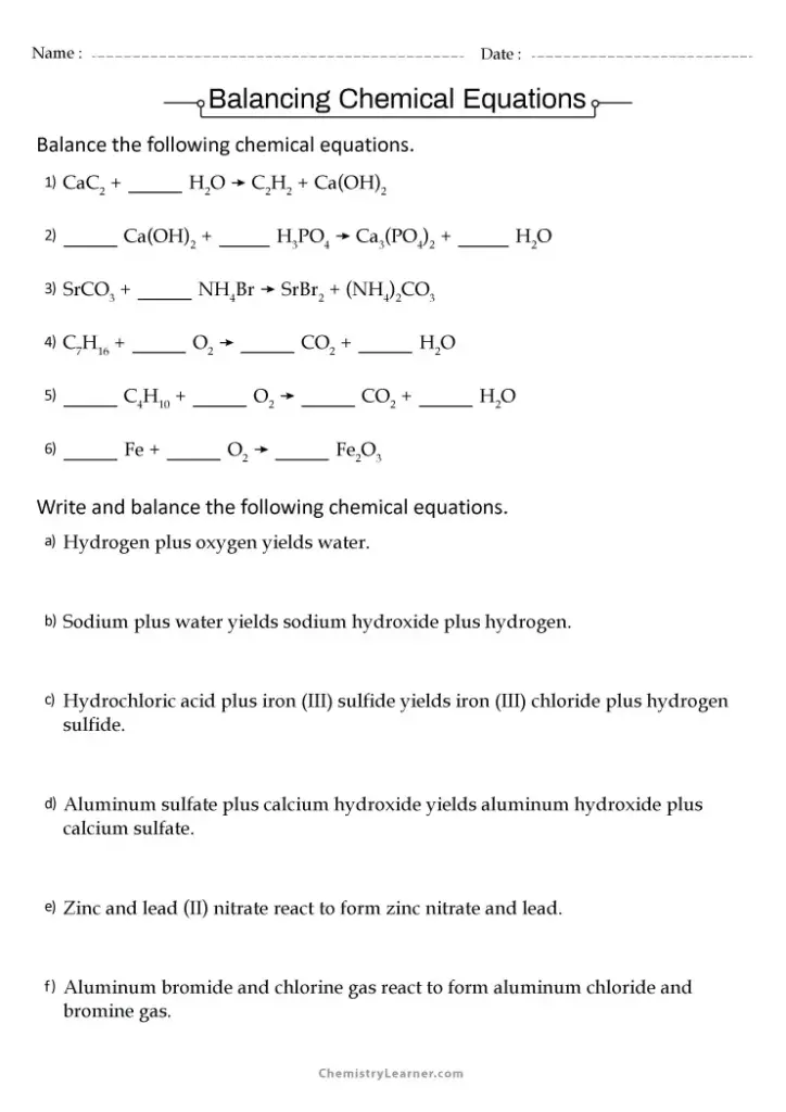 Chemistry balancing equations worksheet with handwritten blanks