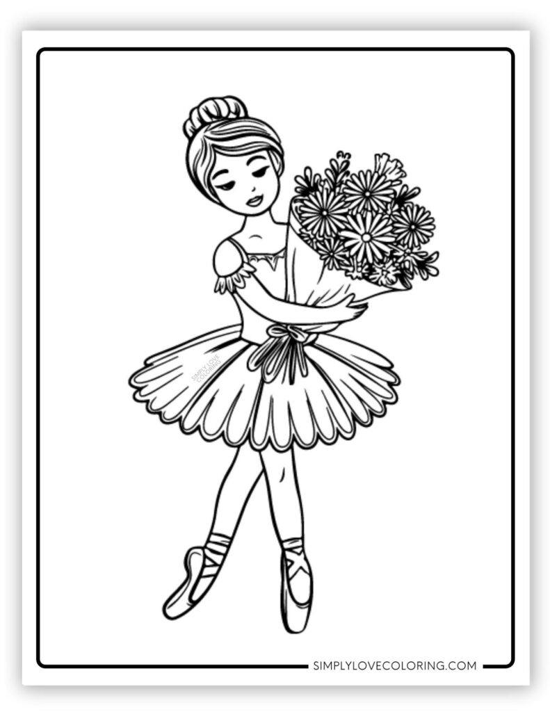 Ballet dancer holding bouquet, black-and-white drawing