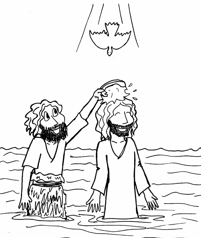 Line drawing of two bearded men in water, dove above