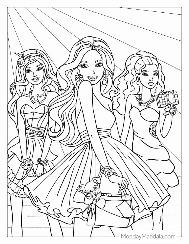Three fashion dolls posing in a coloring page