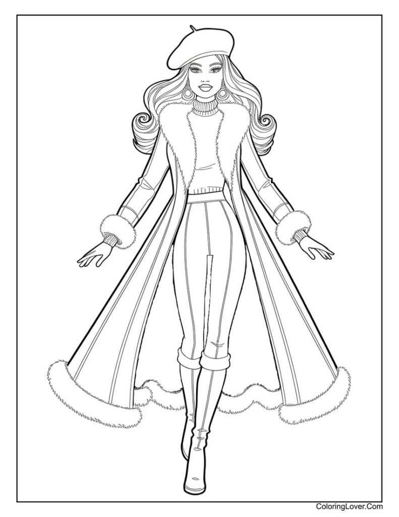 Fashion model in beret and fur-trimmed coat drawing