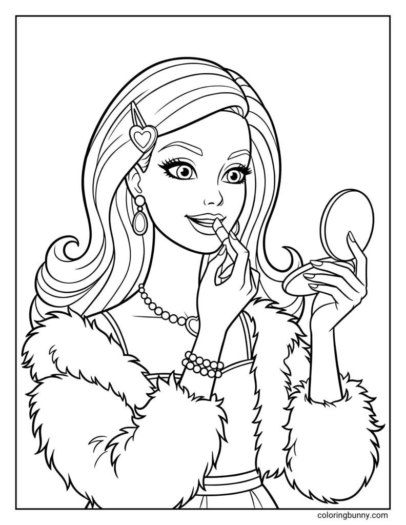 Black-and-white line drawing of a woman applying lipstick