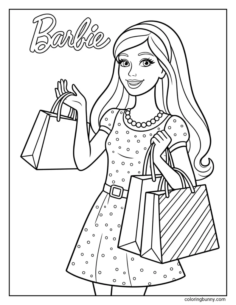Black-and-white Barbie coloring page holding shopping bags