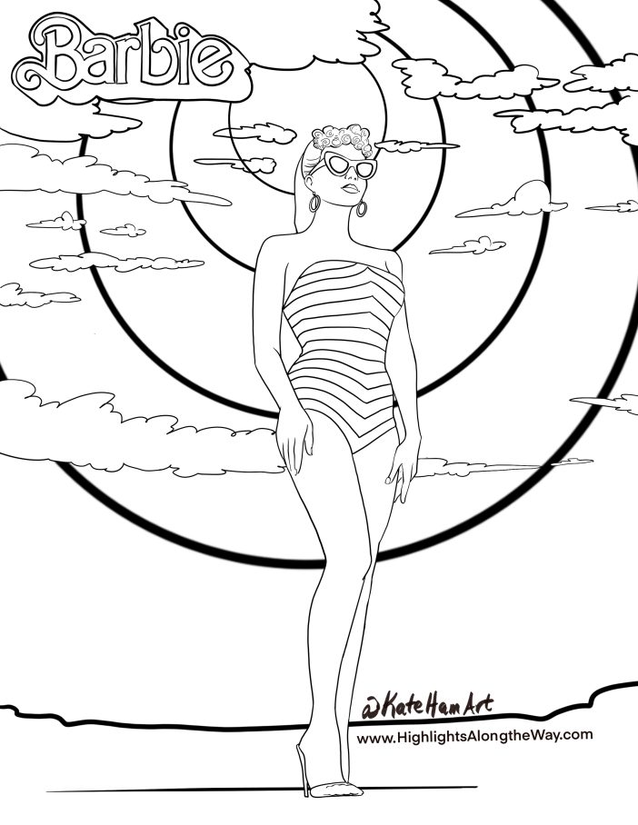 Black-and-white Barbie-style woman in striped swimsuit, clouds, circles