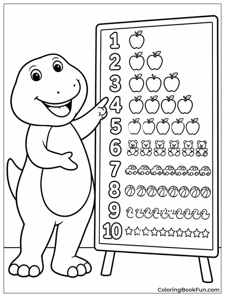 Cartoon dinosaur pointing at numbered chart with apples and toys