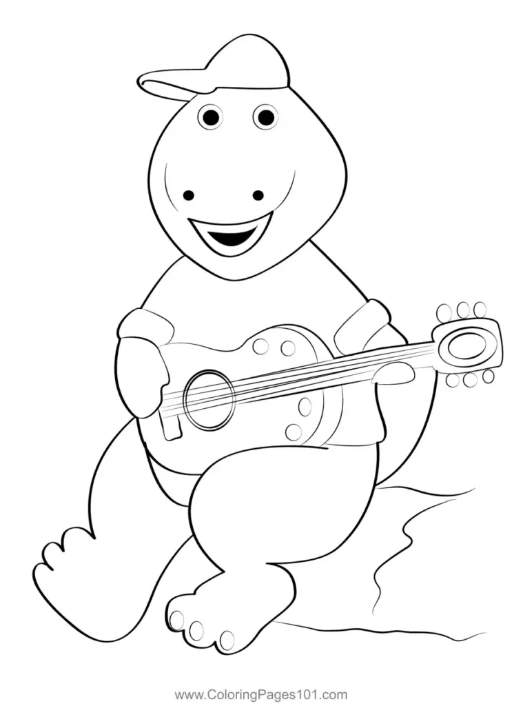 Cartoon dinosaur playing a guitar, coloring page line art