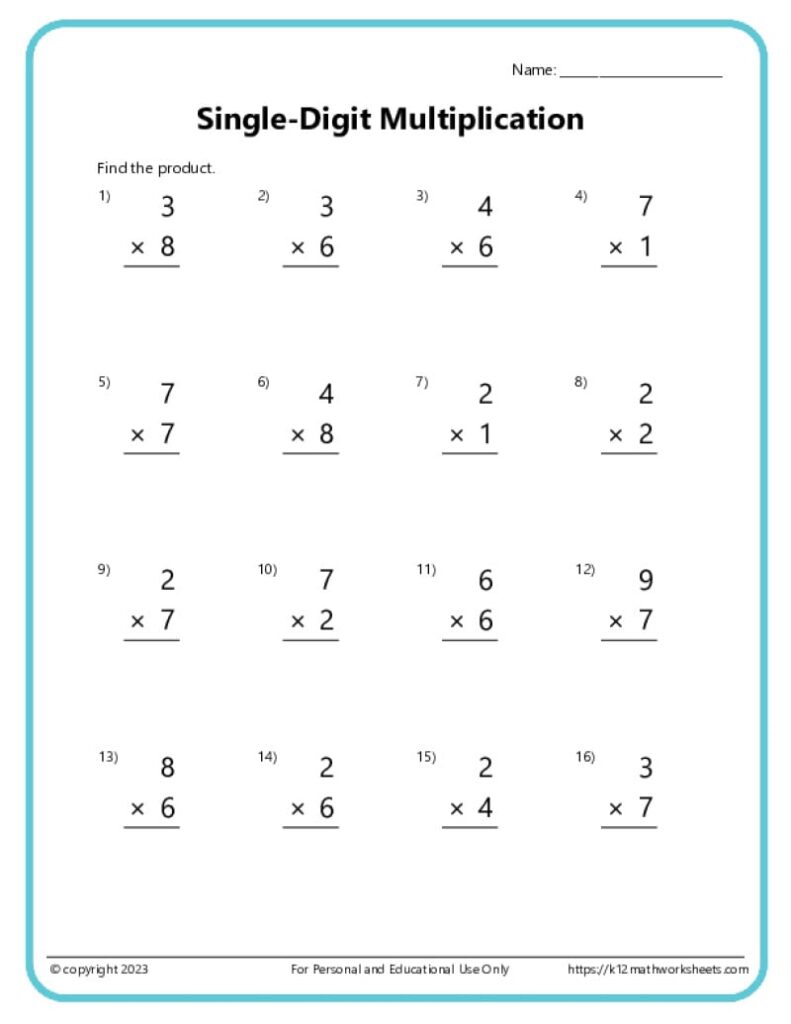 Single-digit multiplication worksheet with sixteen problems