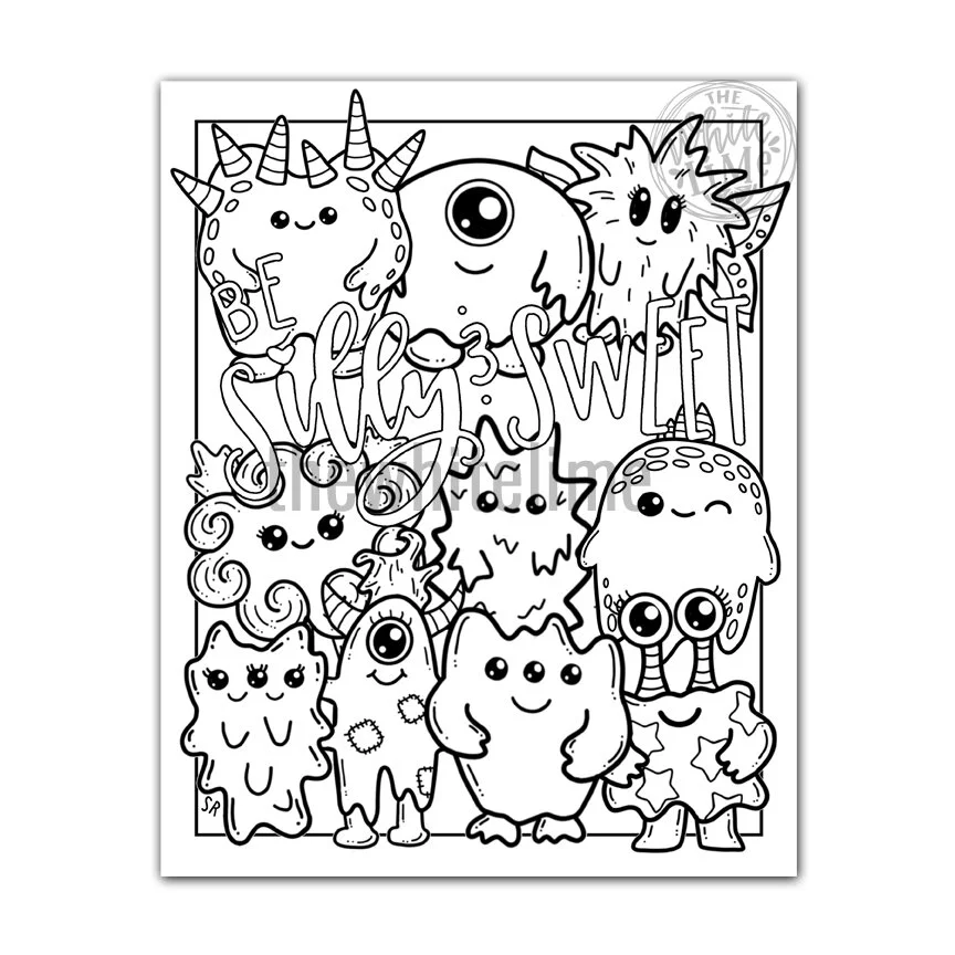 Cute monster coloring page with “be yourself” text