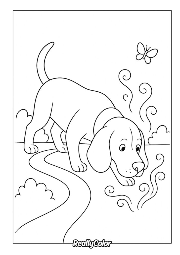 Outlined puppy on path with butterfly and swirls