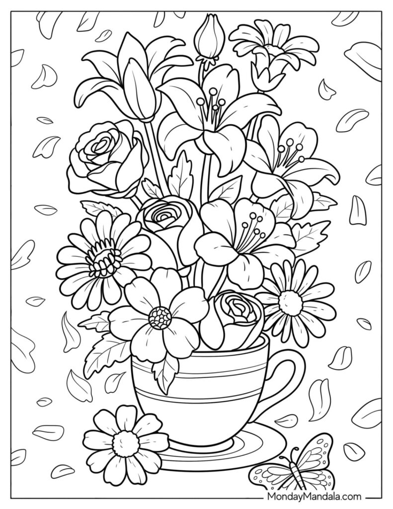 Black-and-white floral bouquet in teacup, butterfly below